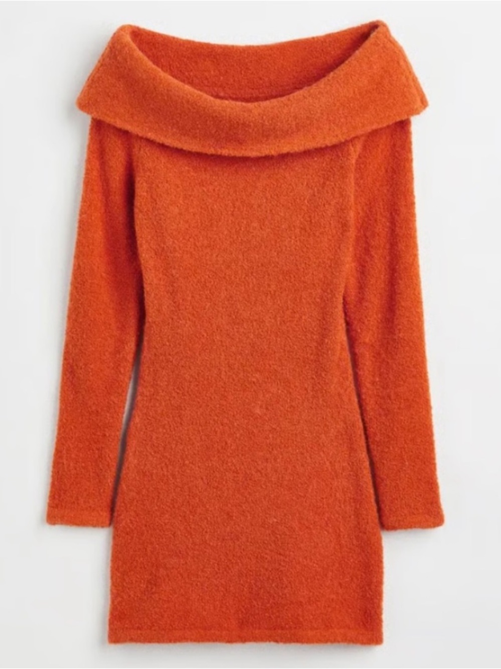 H&M Vibrant Orange Fuzzy Knit Off-Shoulder Dress